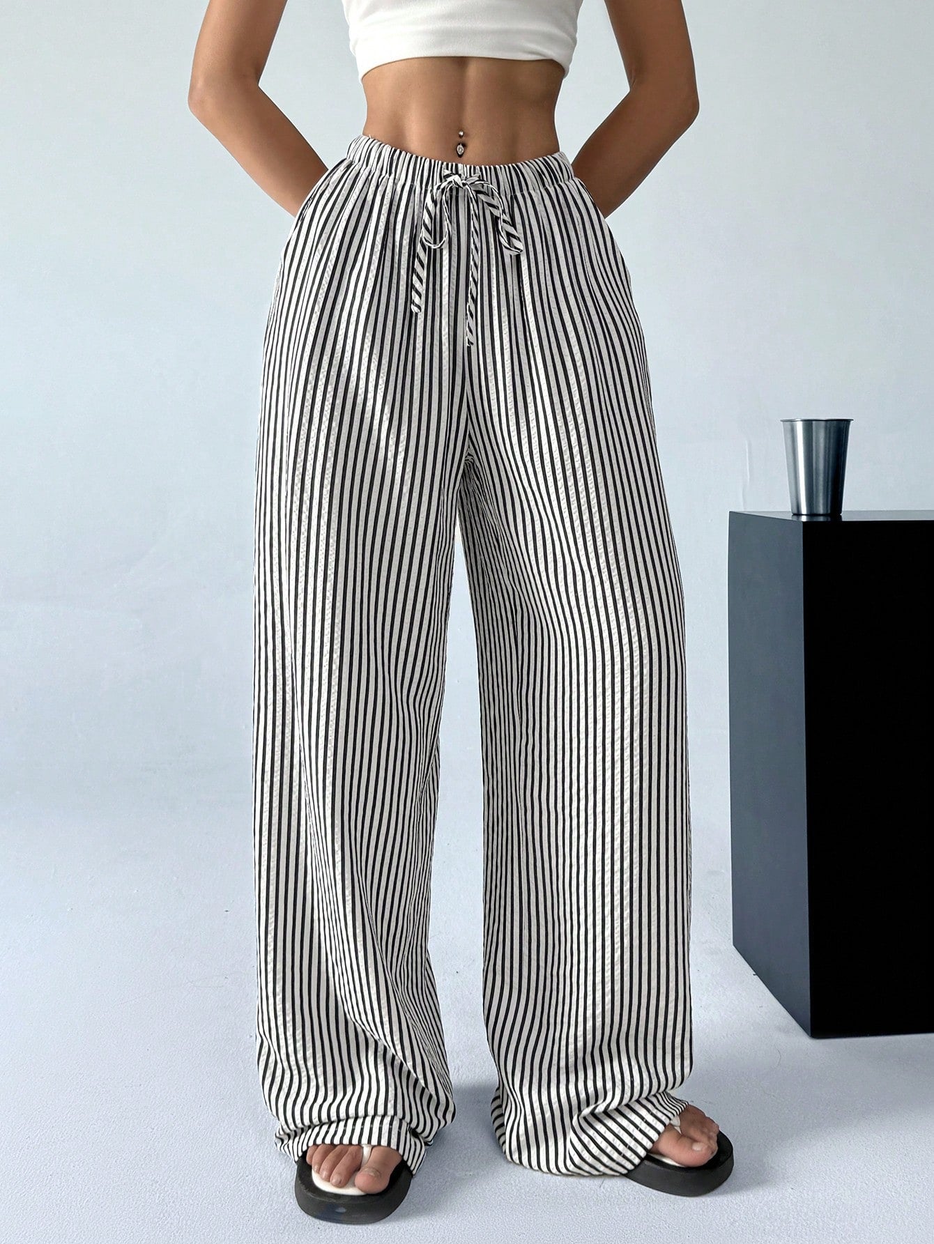 LYSMO Women's Casual Striped Drawstring Waist Loose Pants