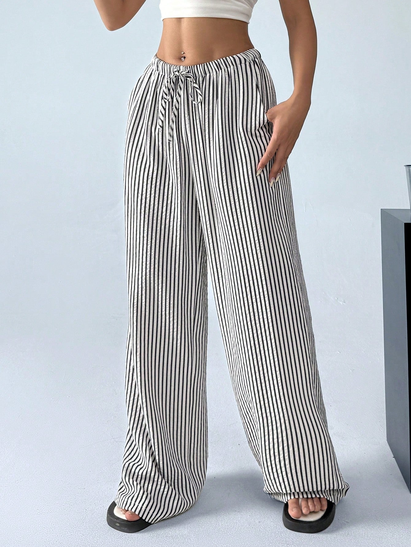 LYSMO Women's Casual Striped Drawstring Waist Loose Pants