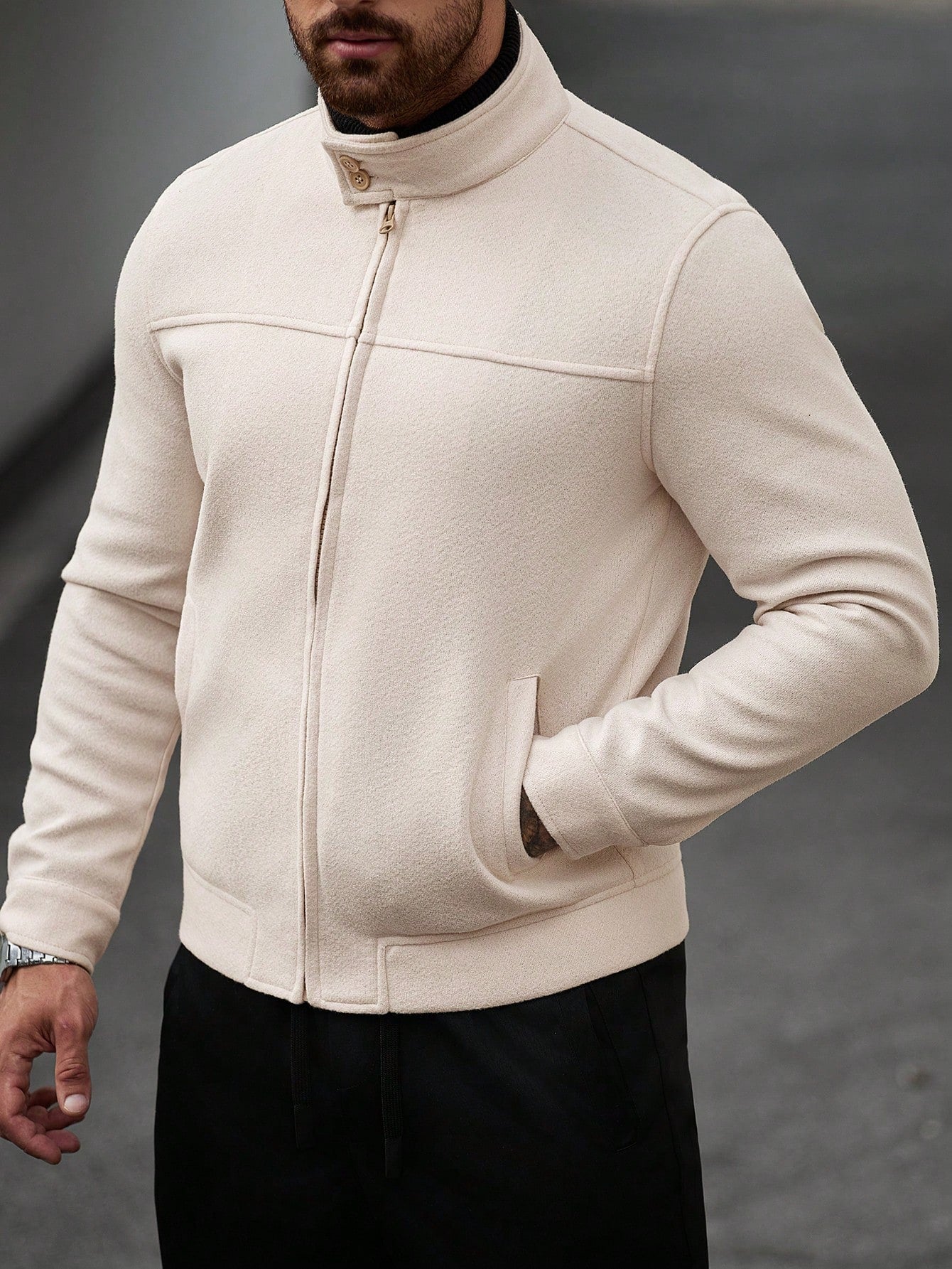 Manfinity CasualCool Men's Khaki Stand Collar Zip-Up Casual Jacket