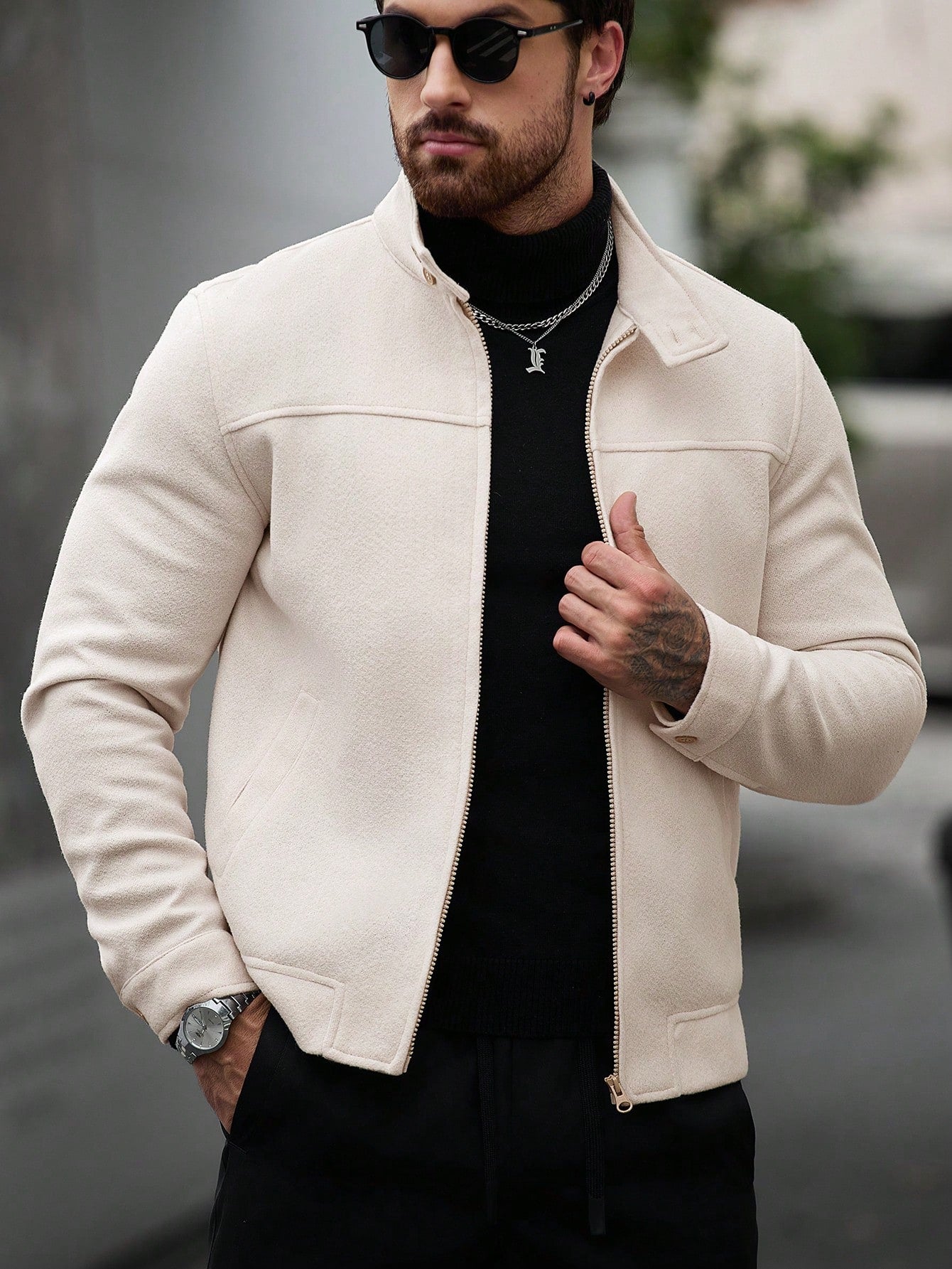 Manfinity CasualCool Men's Khaki Stand Collar Zip-Up Casual Jacket