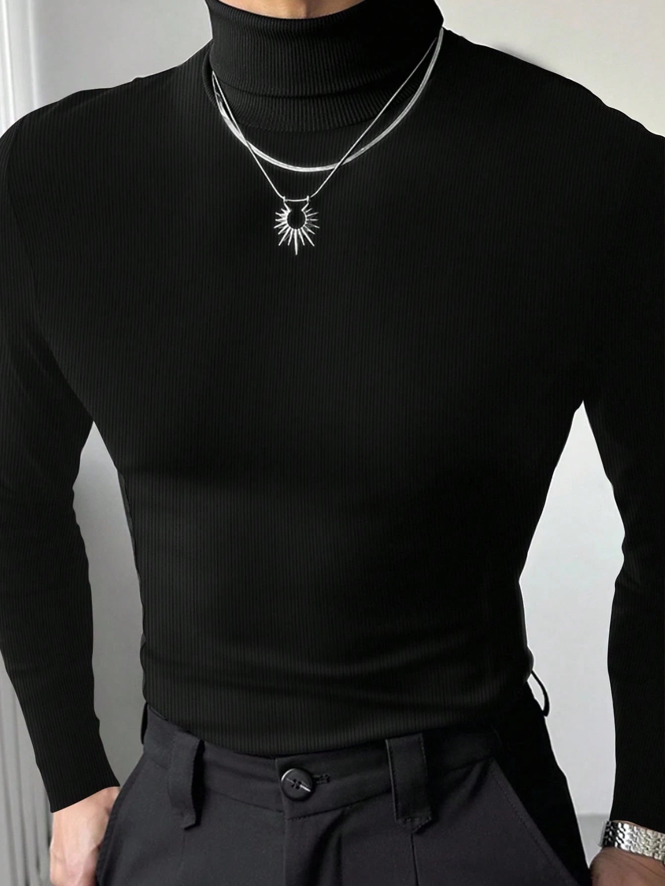 Manfinity Dauomo Men's Casual Solid Color Turtleneck Slim Fit Long Sleeve T-Shirt, Autumn/Winter, Fall