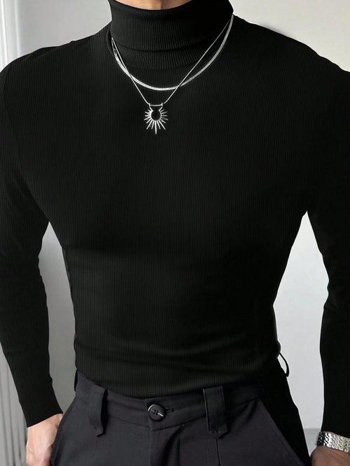 Manfinity Dauomo Men's Casual Solid Color Turtleneck Slim Fit Long Sleeve T-Shirt, Autumn/Winter, Fall
