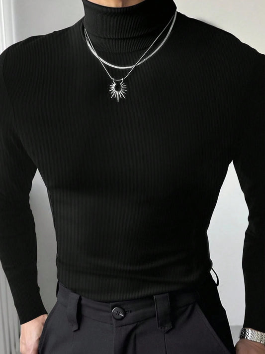 Manfinity Dauomo Men's Casual Solid Color Turtleneck Slim Fit Long Sleeve T-Shirt, Autumn/Winter, Fall