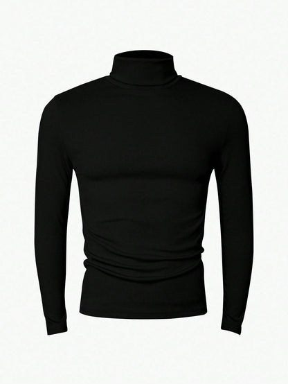Manfinity Dauomo Men's Casual Solid Color Turtleneck Slim Fit Long Sleeve T-Shirt, Autumn/Winter, Fall