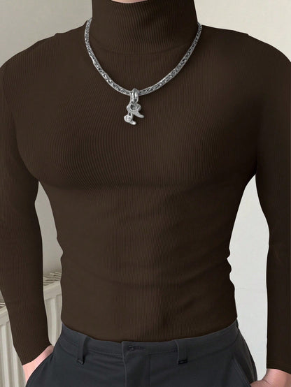 Manfinity Dauomo Men's Casual Solid Color Turtleneck Slim Fit Long Sleeve T-Shirt, Autumn/Winter, Fall