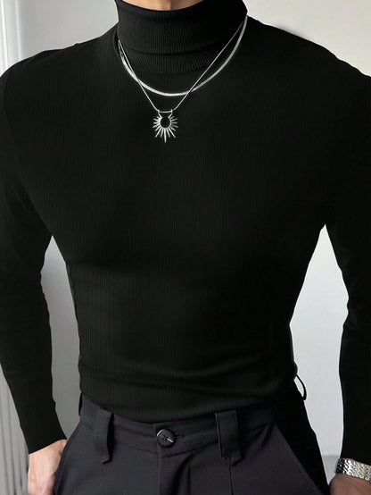 Manfinity Dauomo Men's Casual Solid Color Turtleneck Slim Fit Long Sleeve T-Shirt, Autumn/Winter, Fall