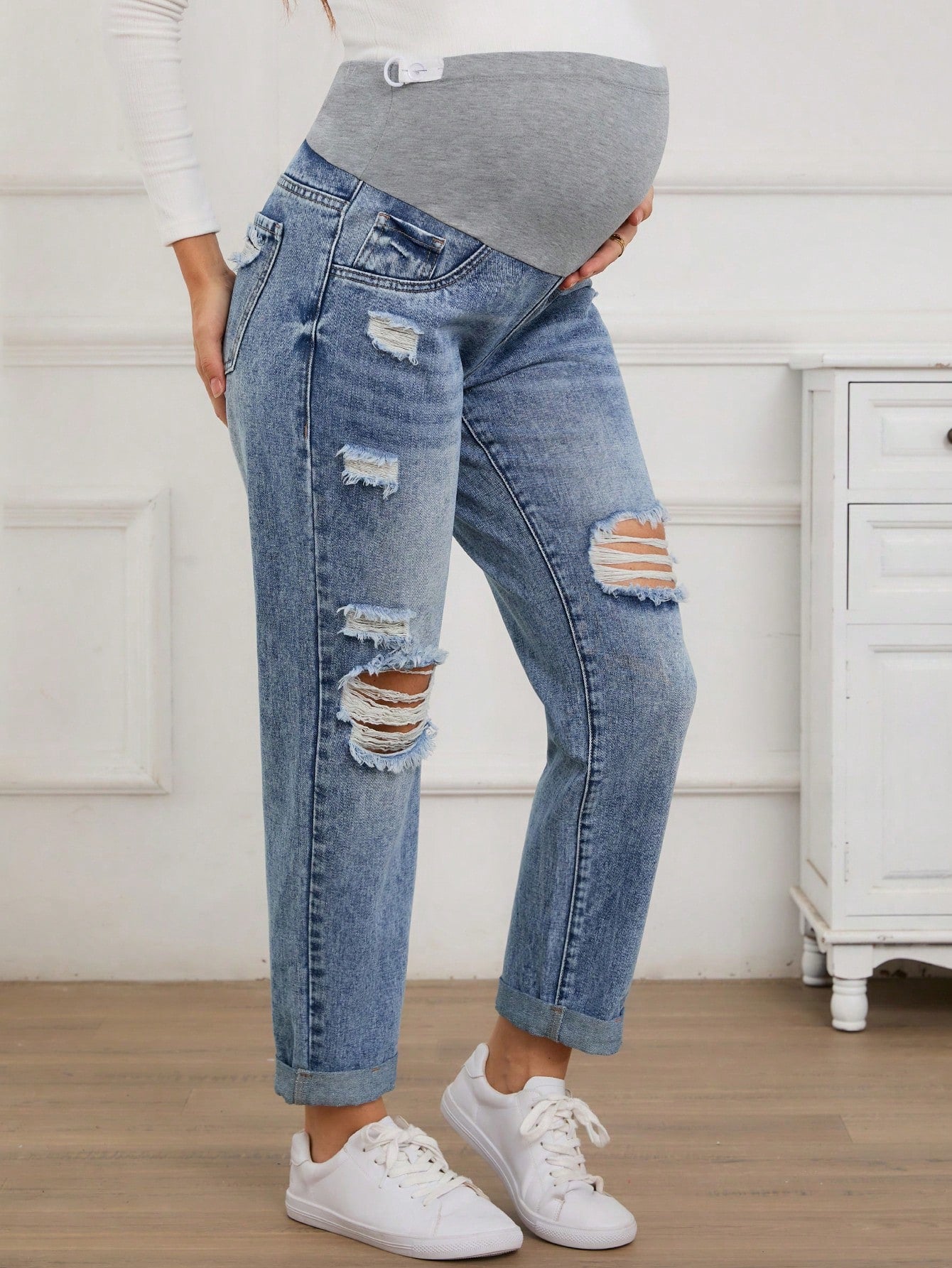 Maternity Casual Everyday Washed Ripped Denim Jeans, Suitable For Autumn