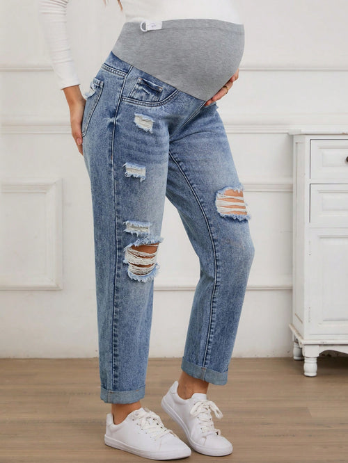 Maternity Casual Everyday Washed Ripped Denim Jeans, Suitable For Autumn
