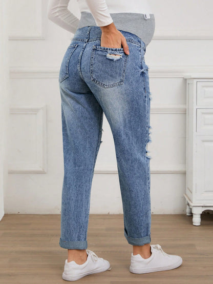 Maternity Casual Everyday Washed Ripped Denim Jeans, Suitable For Autumn
