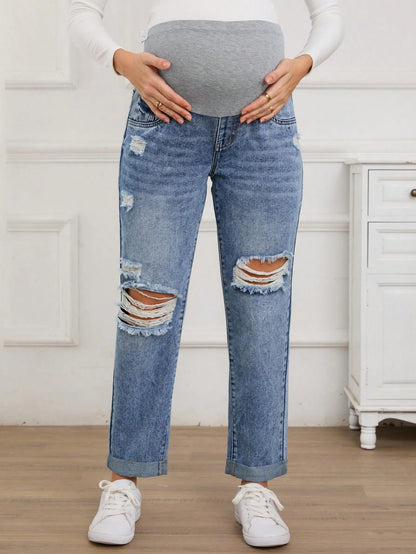Maternity Casual Everyday Washed Ripped Denim Jeans, Suitable For Autumn