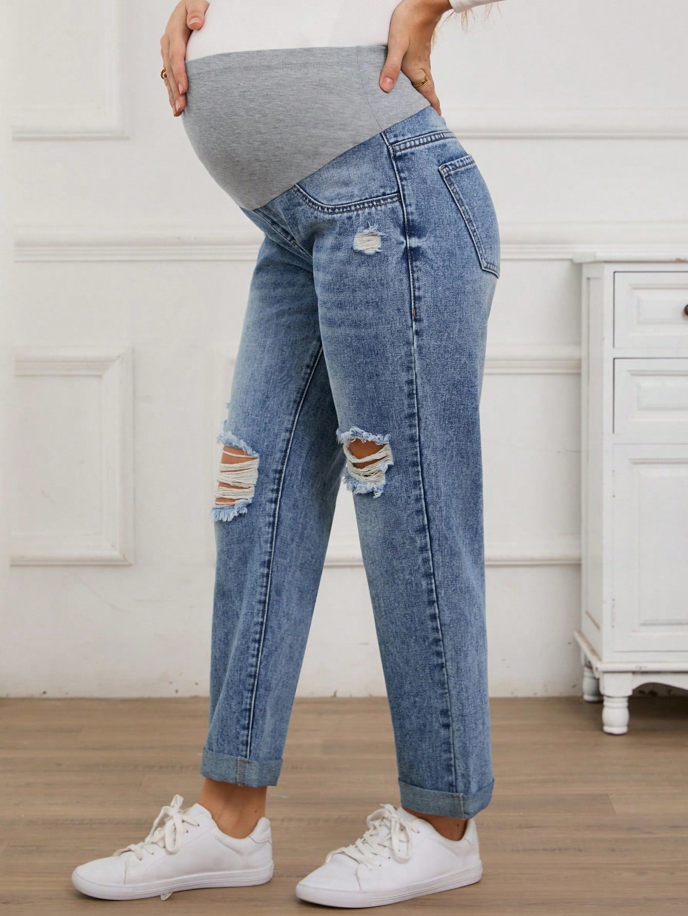 Maternity Casual Everyday Washed Ripped Denim Jeans, Suitable For Autumn