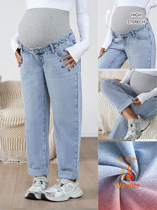 Maternity Light Blue Summer Casual Everyday Jeans,Low Rise Thermal Lined Baggy Mom Jeans With Belt Loops,Cute Y2k Streetwear Cuffed Versatile Denim