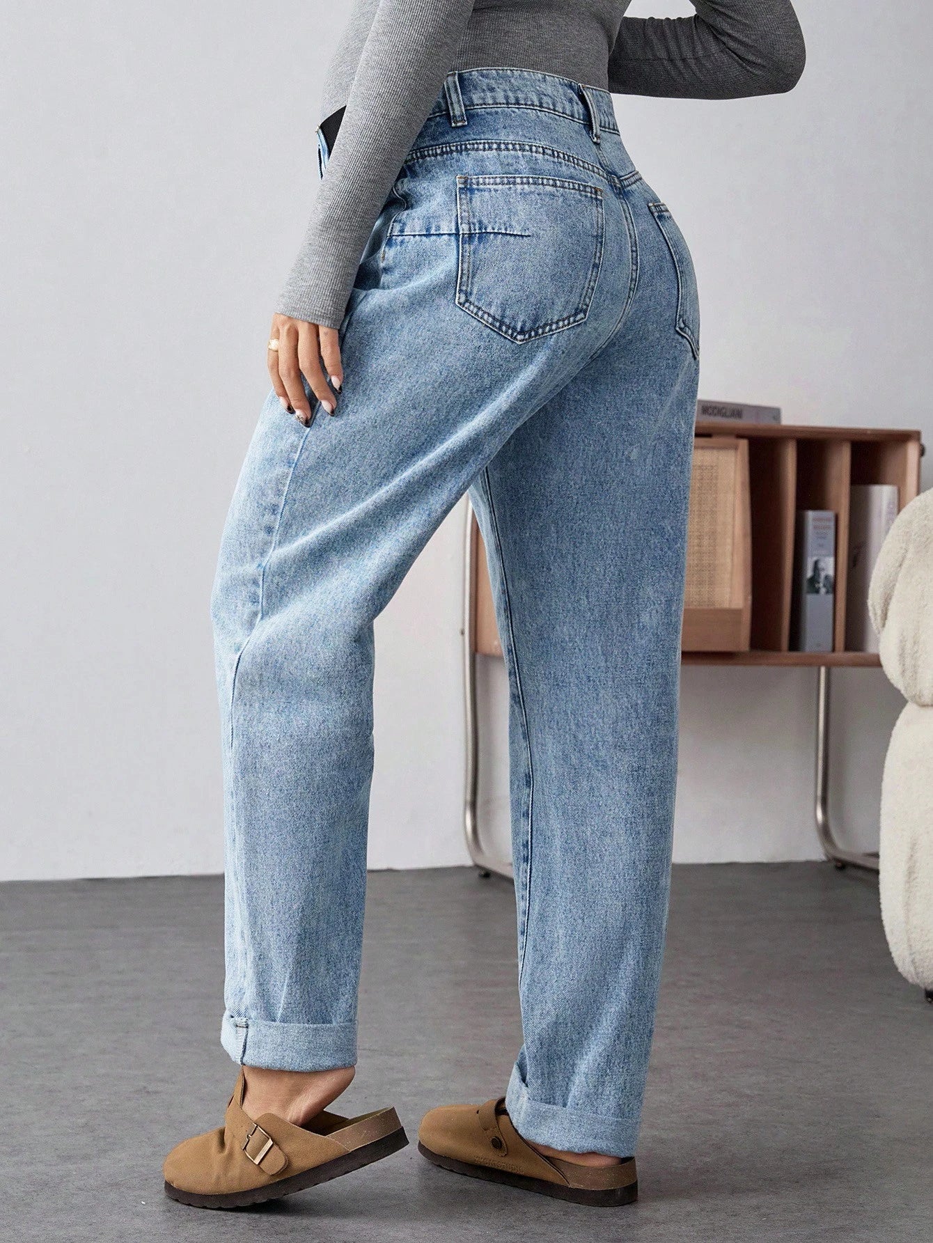 Maternity Light Blue Winter Casual Everyday High Waist Straight Leg Jeans,Thermal Lined Warm Elastic Denim Pants,Cuffed Hem Versatile Streetwear Jeans