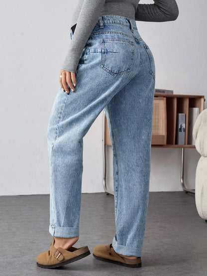 Maternity Light Blue Winter Casual Everyday High Waist Straight Leg Jeans,Thermal Lined Warm Elastic Denim Pants,Cuffed Hem Versatile Streetwear Jeans