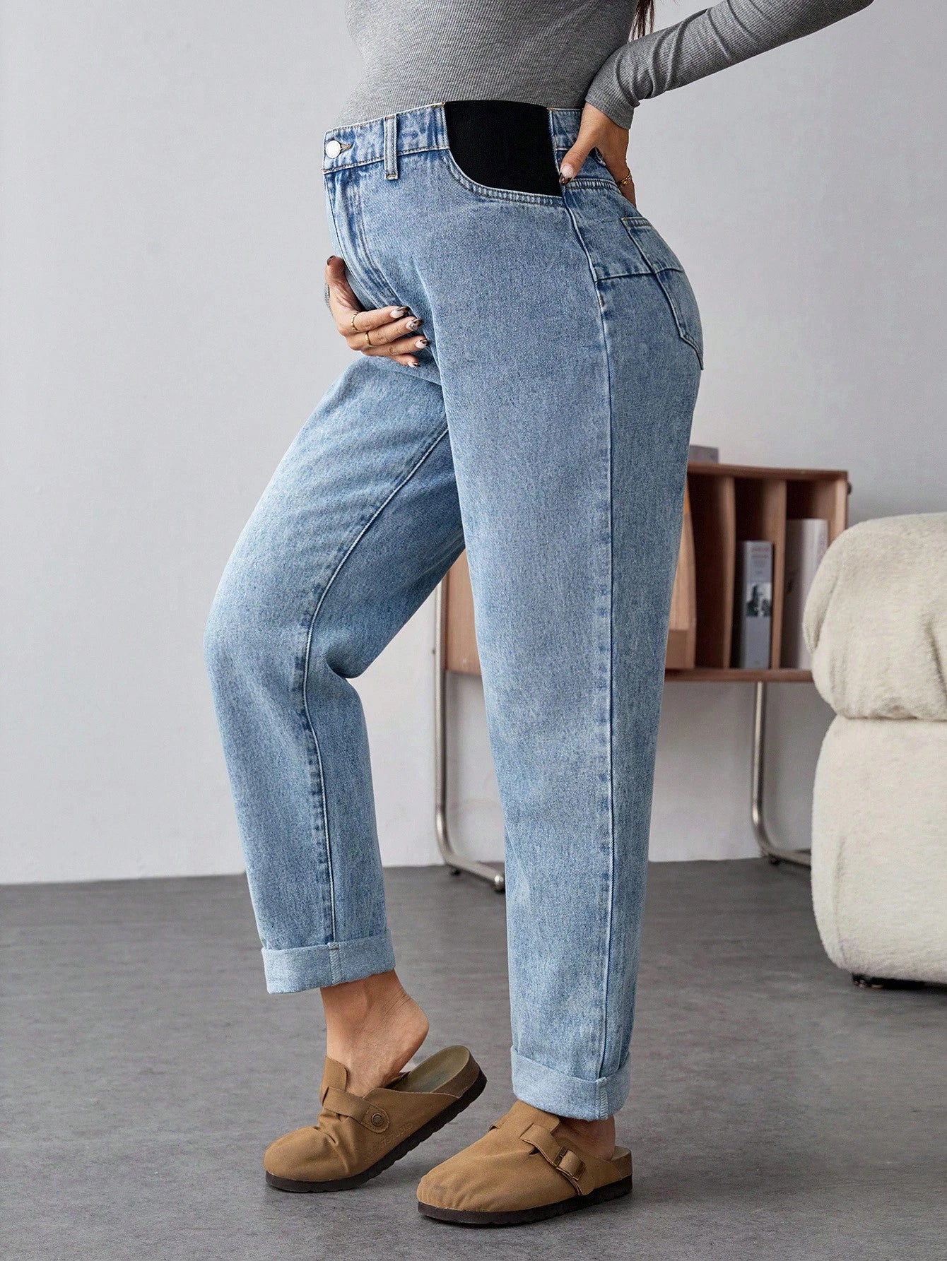 Maternity Light Blue Winter Casual Everyday High Waist Straight Leg Jeans,Thermal Lined Warm Elastic Denim Pants,Cuffed Hem Versatile Streetwear Jeans