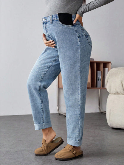Maternity Light Blue Winter Casual Everyday High Waist Straight Leg Jeans,Thermal Lined Warm Elastic Denim Pants,Cuffed Hem Versatile Streetwear Jeans