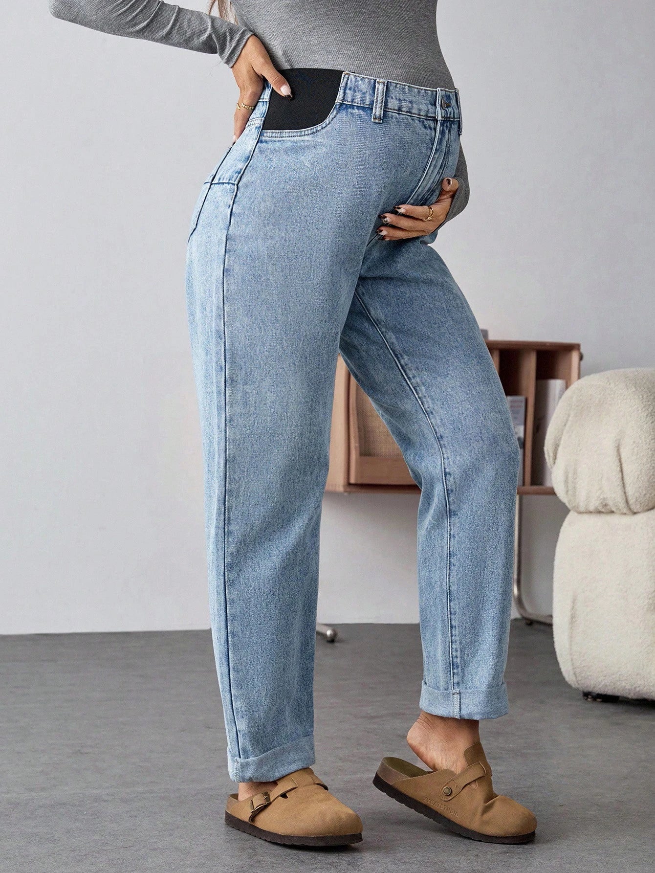 Maternity Light Blue Winter Casual Everyday High Waist Straight Leg Jeans,Thermal Lined Warm Elastic Denim Pants,Cuffed Hem Versatile Streetwear Jeans