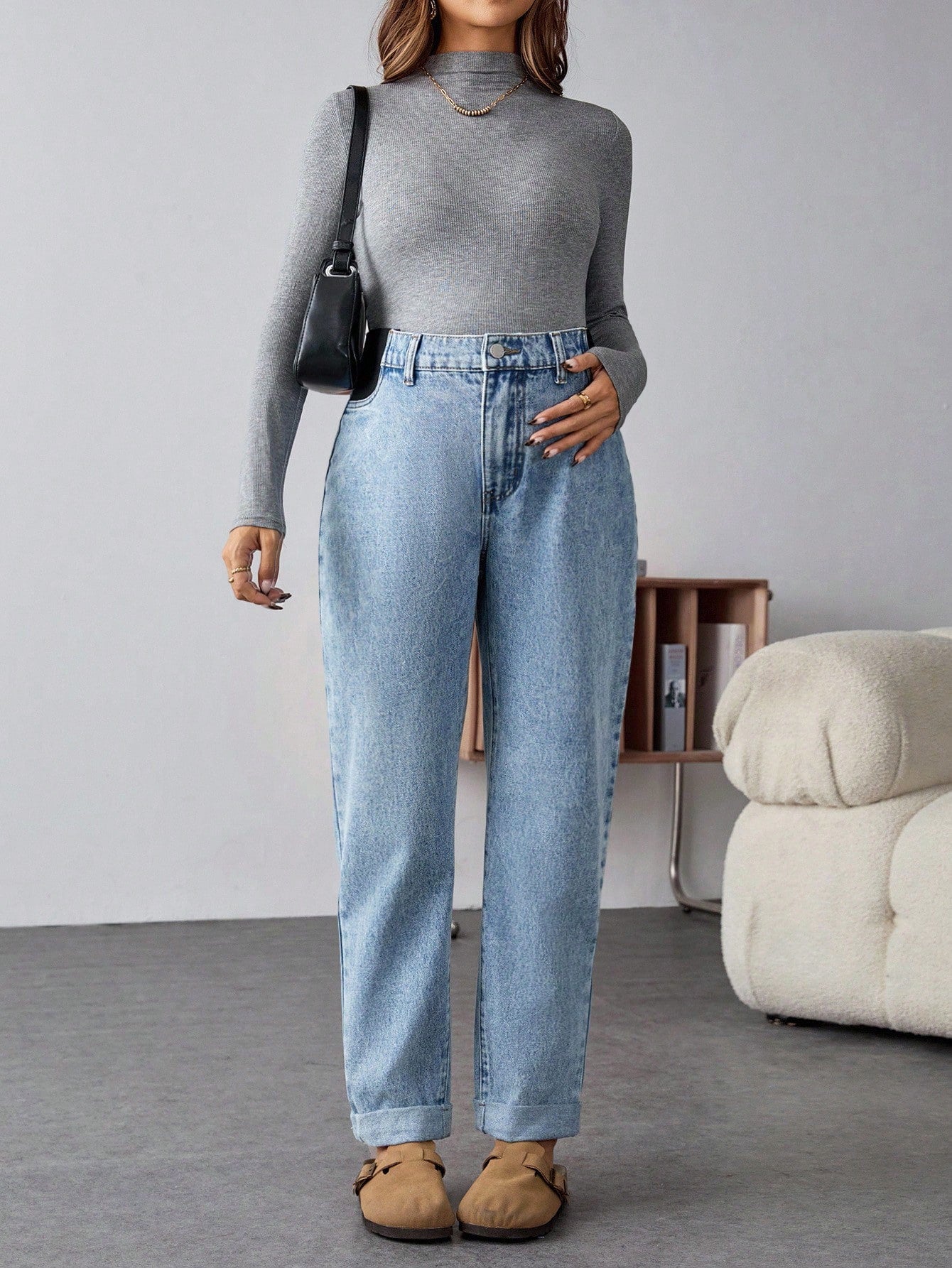 Maternity Light Blue Winter Casual Everyday High Waist Straight Leg Jeans,Thermal Lined Warm Elastic Denim Pants,Cuffed Hem Versatile Streetwear Jeans