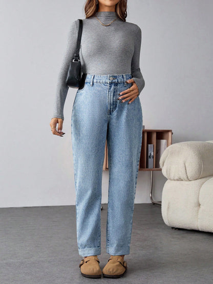 Maternity Light Blue Winter Casual Everyday High Waist Straight Leg Jeans,Thermal Lined Warm Elastic Denim Pants,Cuffed Hem Versatile Streetwear Jeans