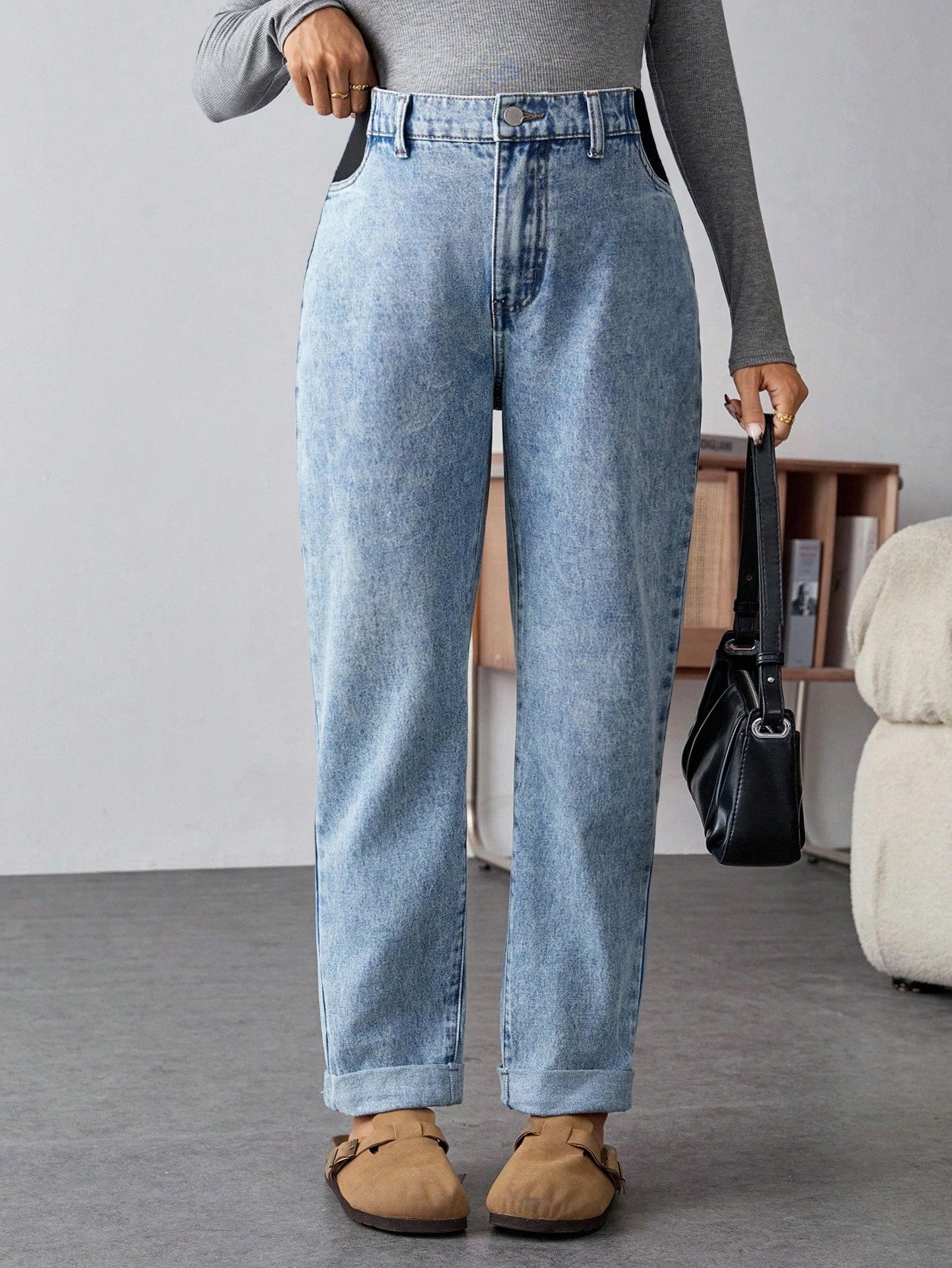 Maternity Light Blue Winter Casual Everyday High Waist Straight Leg Jeans,Thermal Lined Warm Elastic Denim Pants,Cuffed Hem Versatile Streetwear Jeans