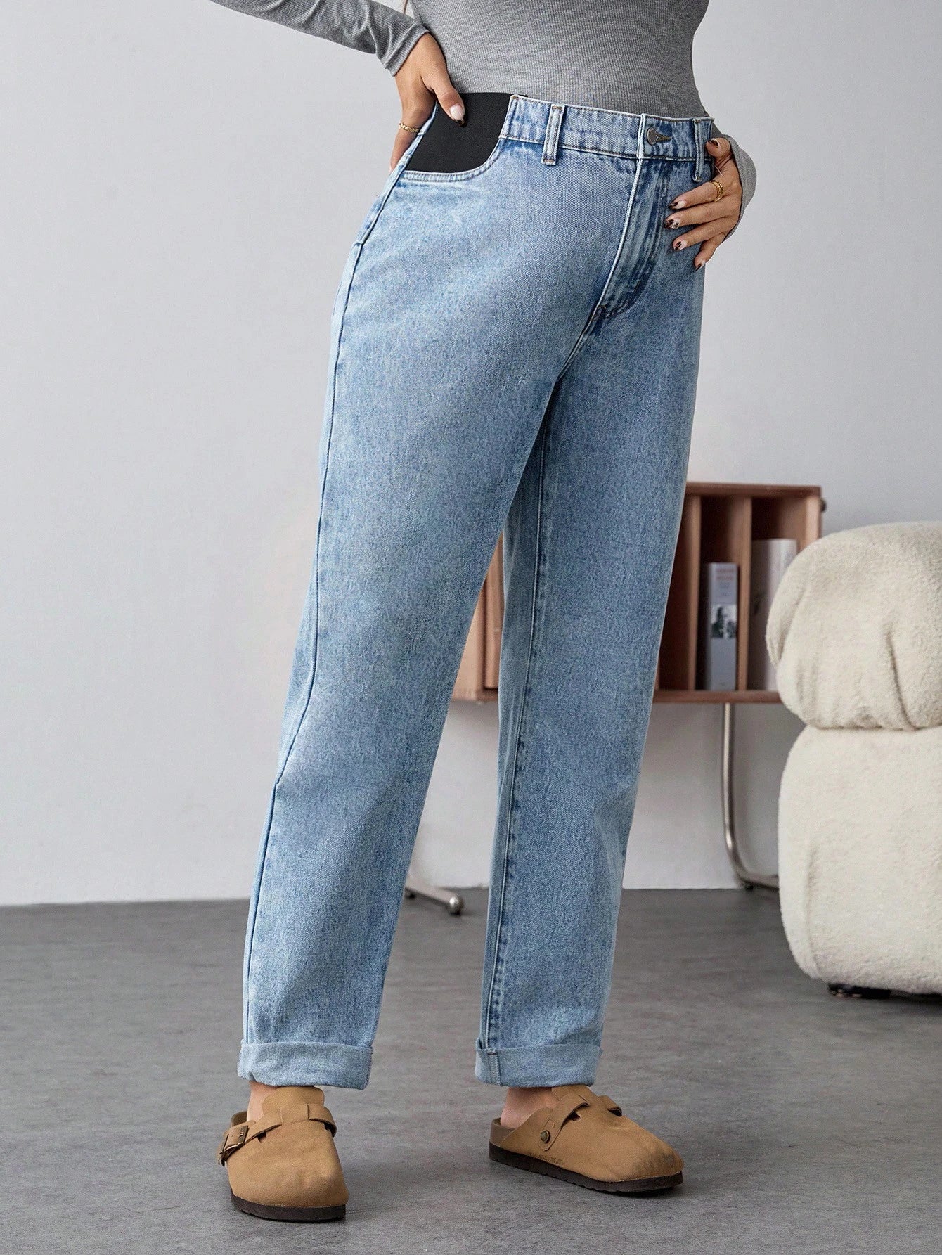 Maternity Light Blue Winter Casual Everyday High Waist Straight Leg Jeans,Thermal Lined Warm Elastic Denim Pants,Cuffed Hem Versatile Streetwear Jeans