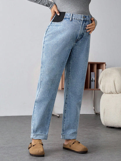 Maternity Light Blue Winter Casual Everyday High Waist Straight Leg Jeans,Thermal Lined Warm Elastic Denim Pants,Cuffed Hem Versatile Streetwear Jeans