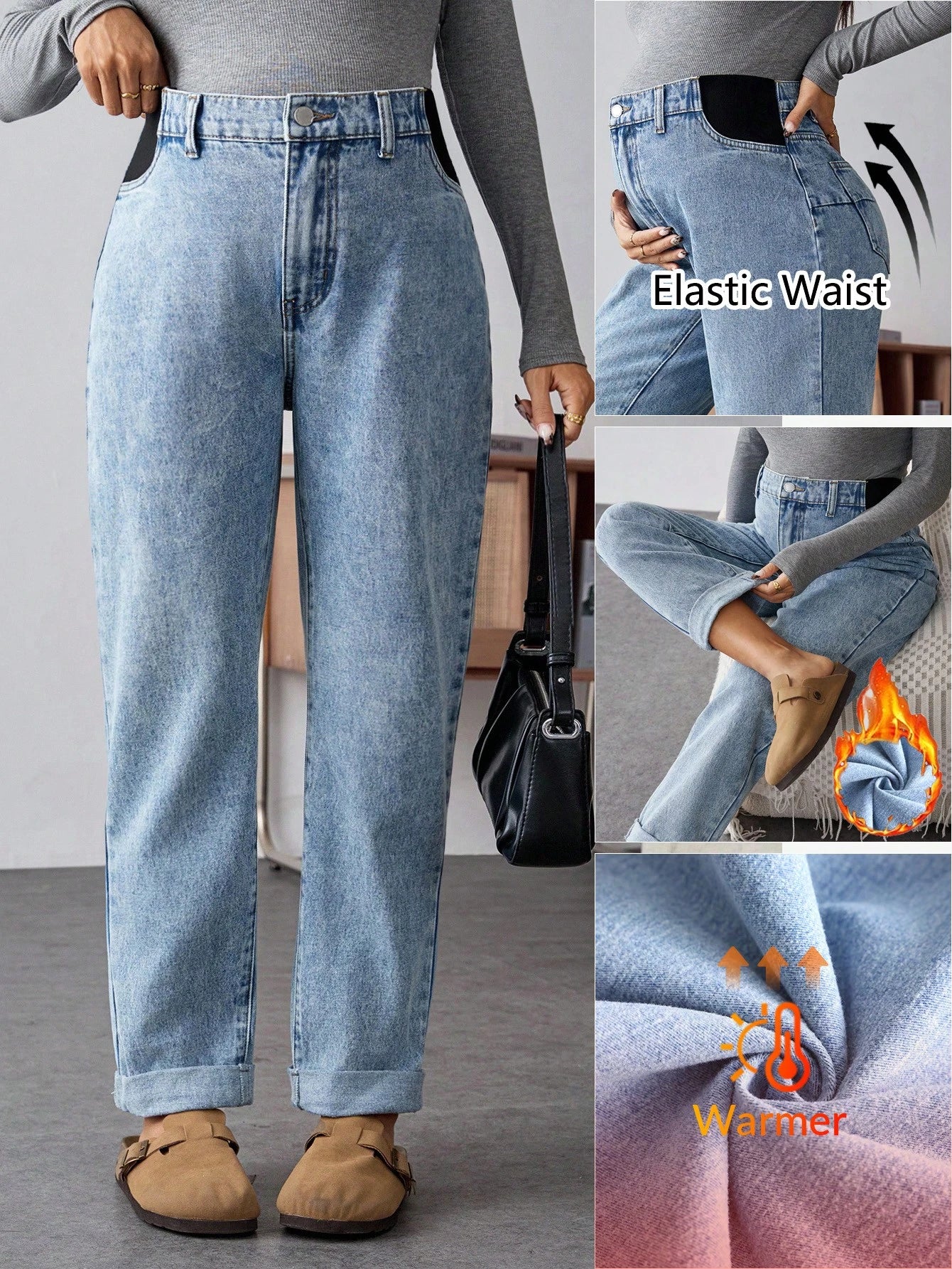 Maternity Light Blue Winter Casual Everyday High Waist Straight Leg Jeans,Thermal Lined Warm Elastic Denim Pants,Cuffed Hem Versatile Streetwear Jeans