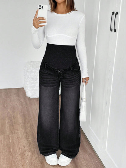 Maternity Loose Straight Leg Casual Everyday Knit Jeans