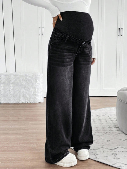 Maternity Loose Straight Leg Casual Everyday Knit Jeans