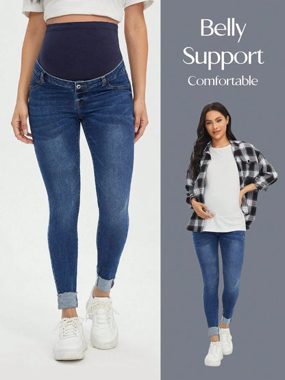 Maternity Wideband Waist Roll Up Hem Skinny Jeans