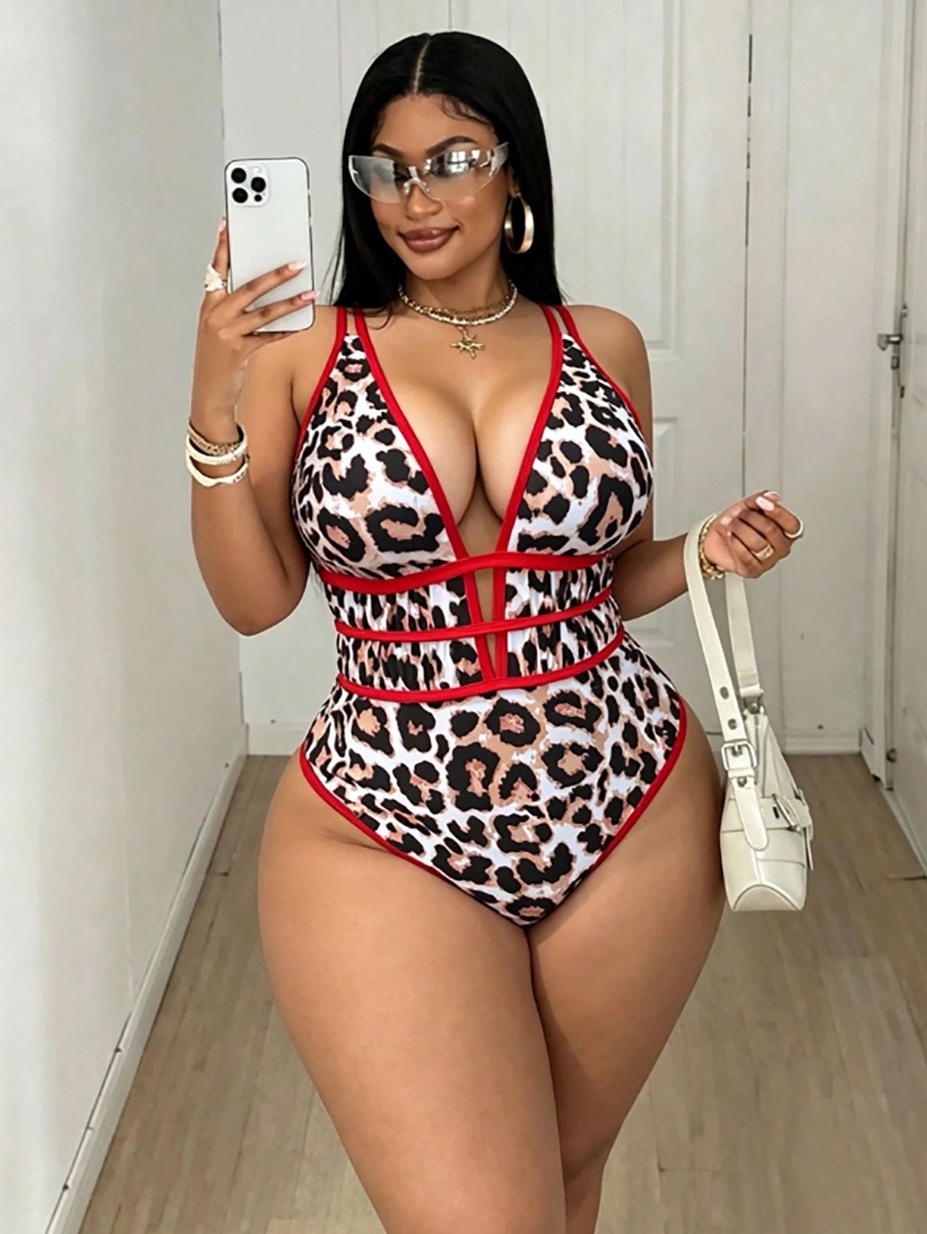 Maweii Plus Size Women's Leopard Print Deep V-Neck Sexy Backless One-Piece Swimsuit, Suitable For Beach & Holiday