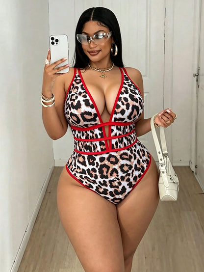 Maweii Plus Size Women's Leopard Print Deep V-Neck Sexy Backless One-Piece Swimsuit, Suitable For Beach & Holiday