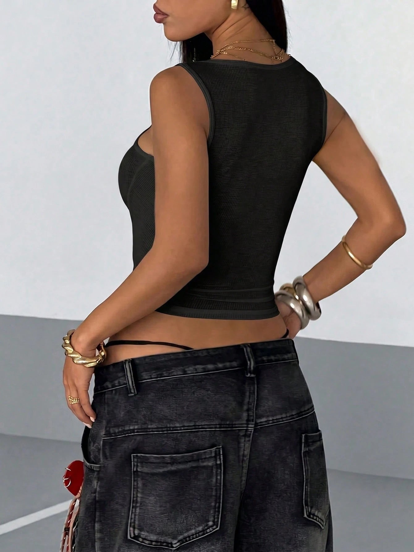 Maweii Summer Plus Size Women's Camisole Tank Top, Star Rhinestone Embellished, High Elasticity, Fitted, White Ribbed, Sexy Slimming, Square Neck, For Going Out And Parties
