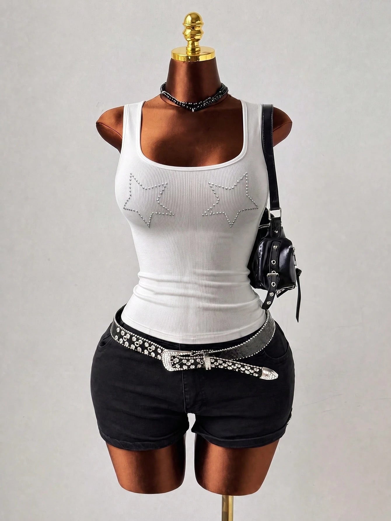 Maweii Summer Plus Size Women's Camisole Tank Top, Star Rhinestone Embellished, High Elasticity, Fitted, White Ribbed, Sexy Slimming, Square Neck, For Going Out And Parties