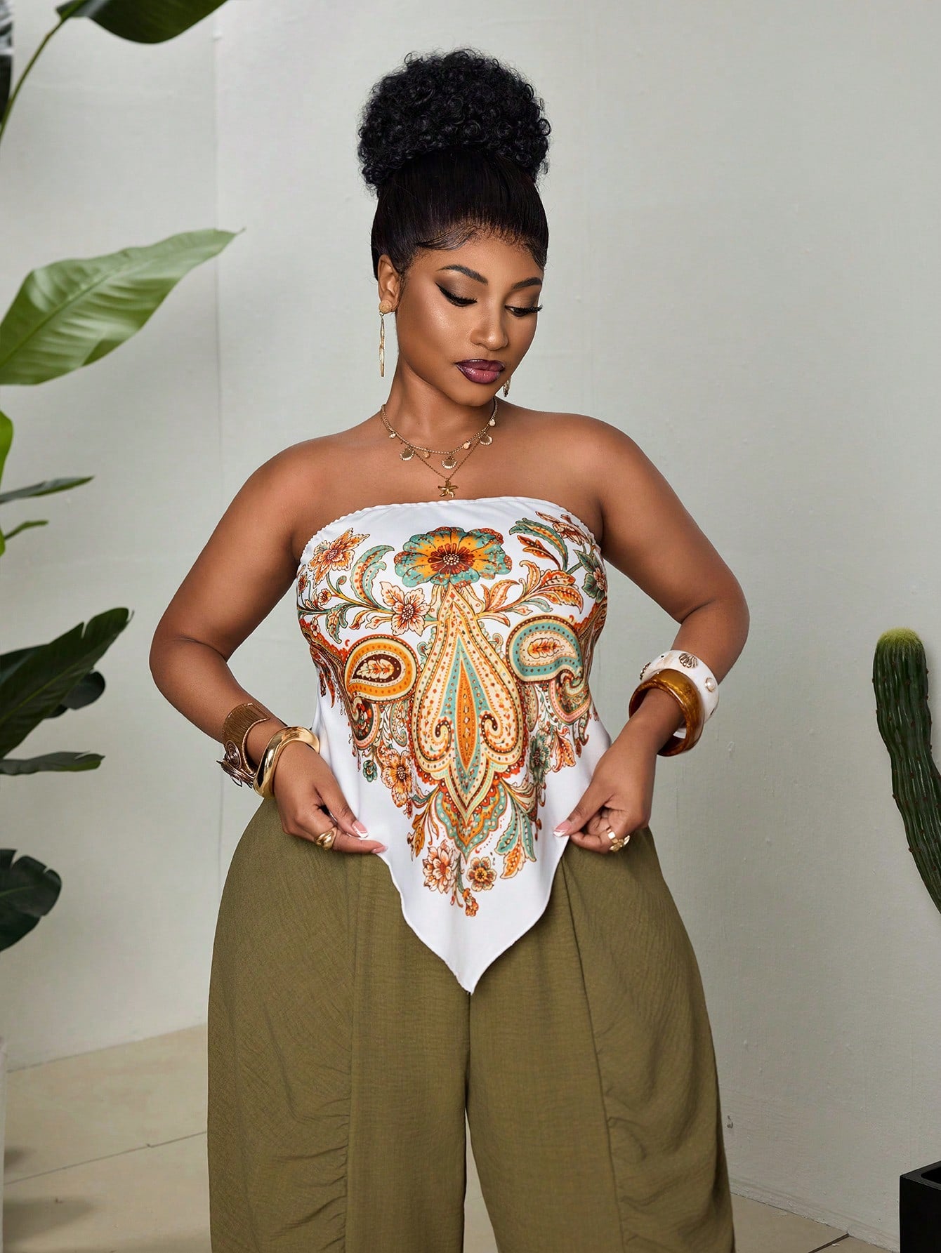 Maweii Women's Plus Size Paisley Print Bandana Tube Top, White Floral Paisley Scarf Style Strapless Retro