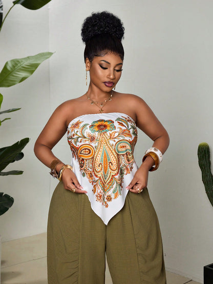 Maweii Women's Plus Size Paisley Print Bandana Tube Top, White Floral Paisley Scarf Style Strapless Retro