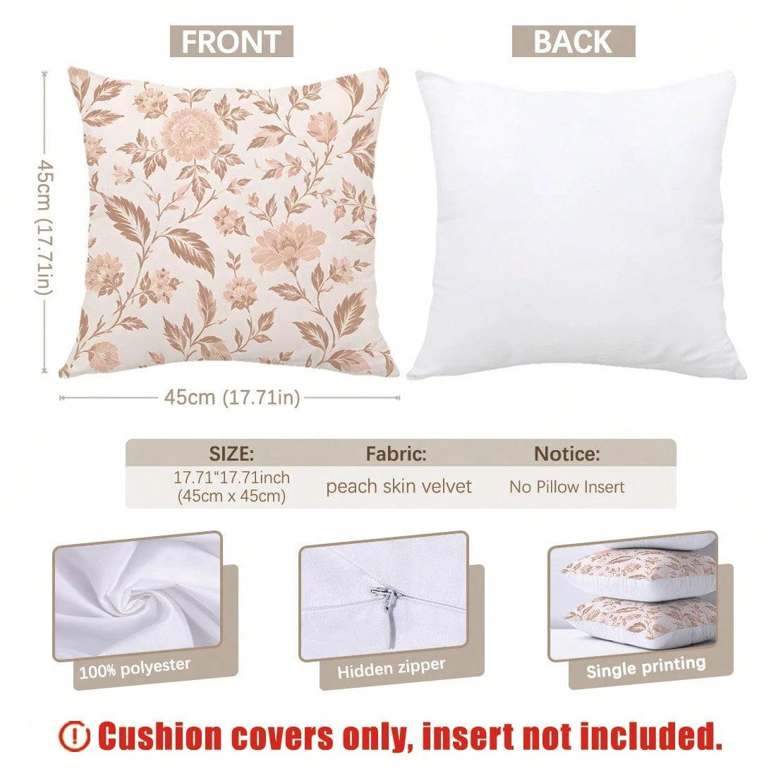 MEMNUN 4pcs Milk Tea Powder Vintage Ditsy Floral Pattern Pillow Covers [Pillow Insert Not Included], 40*40cm/45*45cm/50*50cm, [Single-Sided Printing] Made Of Polyester Material Watercolor Peony Branch