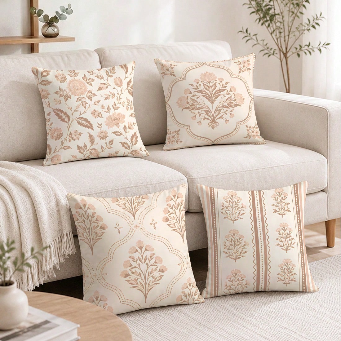 MEMNUN 4pcs Milk Tea Powder Vintage Ditsy Floral Pattern Pillow Covers [Pillow Insert Not Included], 40*40cm/45*45cm/50*50cm, [Single-Sided Printing] Made Of Polyester Material Watercolor Peony Branch