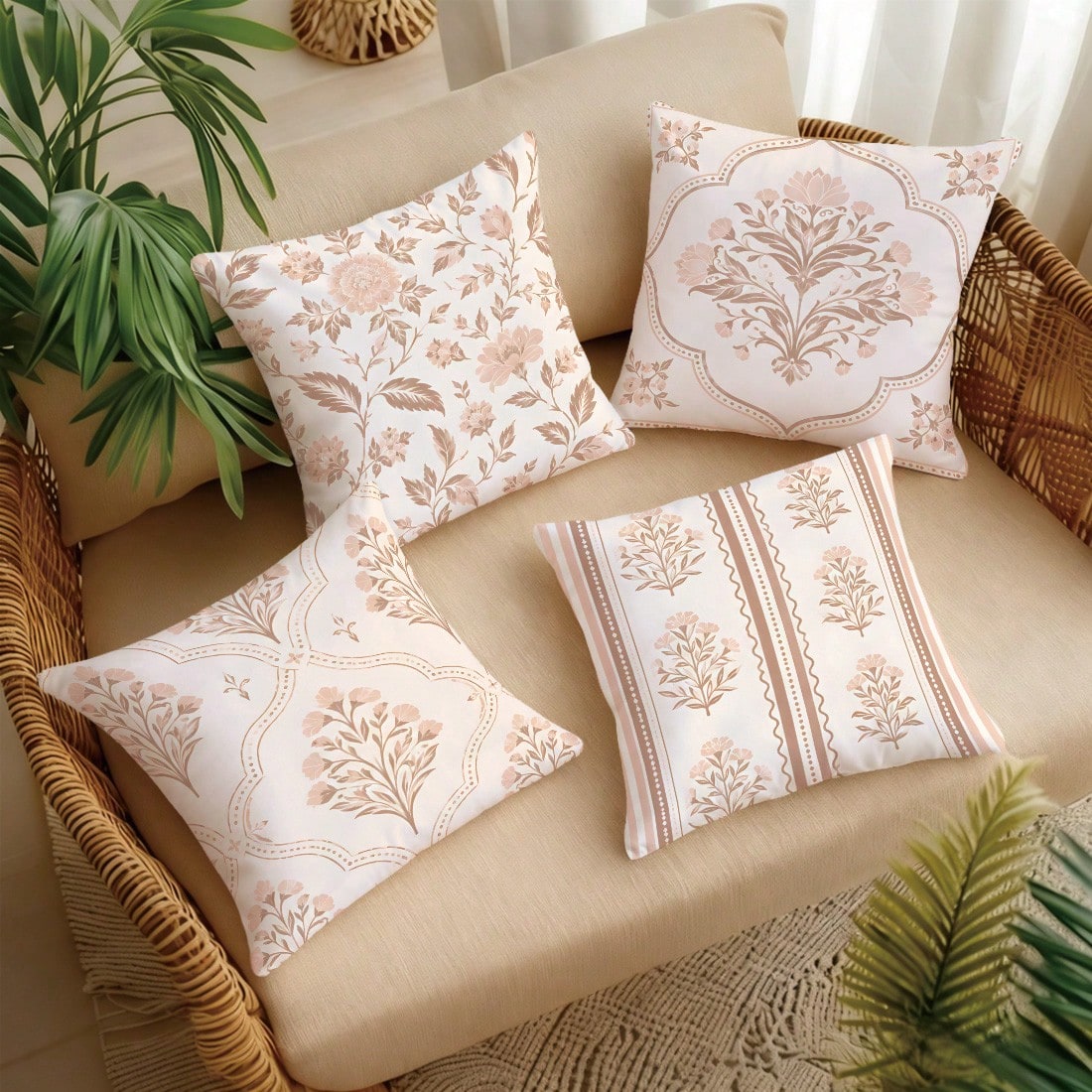 MEMNUN 4pcs Milk Tea Powder Vintage Ditsy Floral Pattern Pillow Covers [Pillow Insert Not Included], 40*40cm/45*45cm/50*50cm, [Single-Sided Printing] Made Of Polyester Material Watercolor Peony Branch