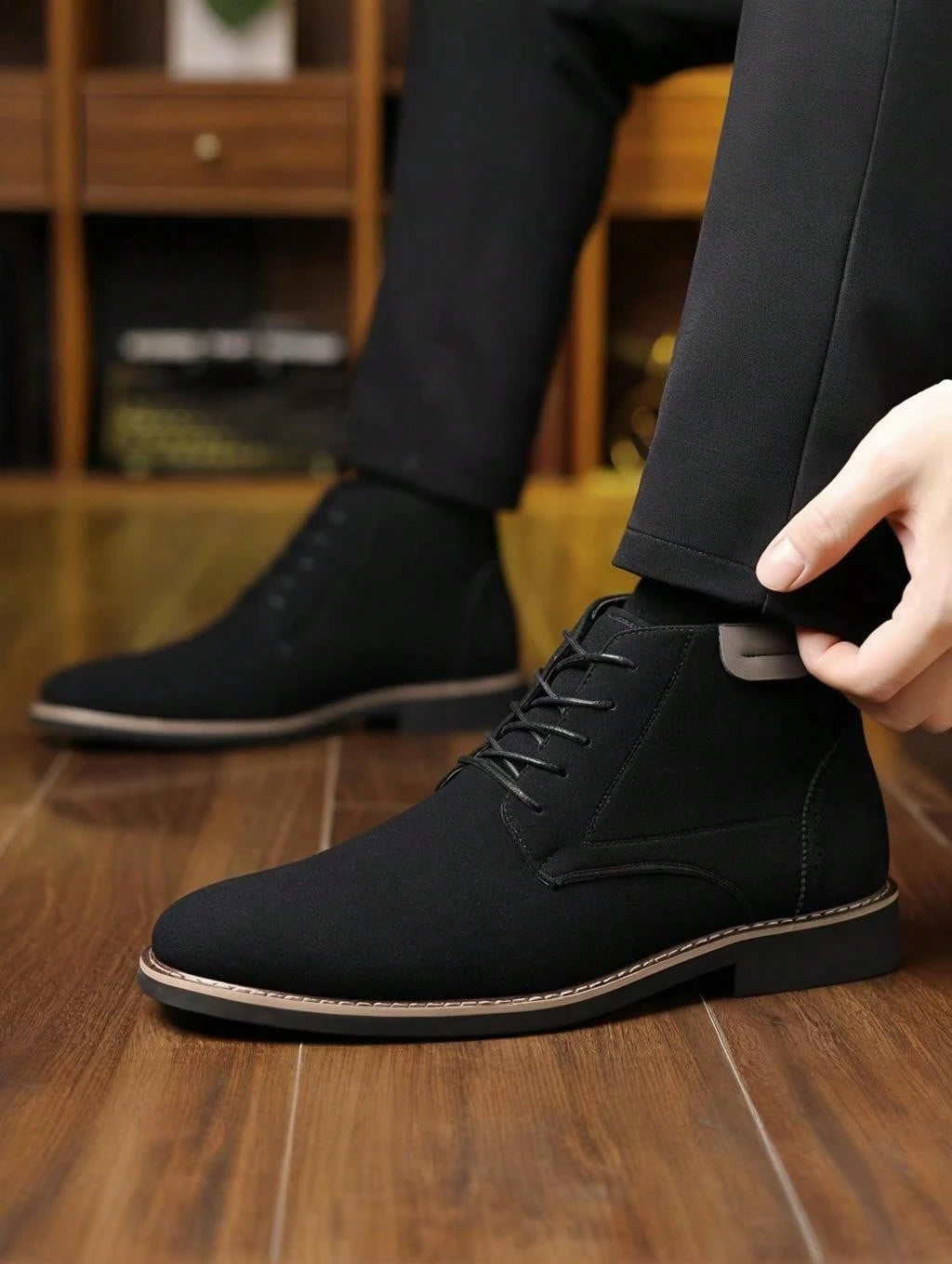 Men's Classic Chukka Boots Suede Faux Leather Lace Up Round Toe Contrast Stitching Pull Tab Non Slip Comfort For Business Casual Office Wear