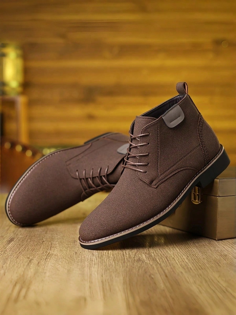 Men's Classic Chukka Boots Suede Faux Leather Lace Up Round Toe Contrast Stitching Pull Tab Non Slip Comfort For Business Casual Office Wear