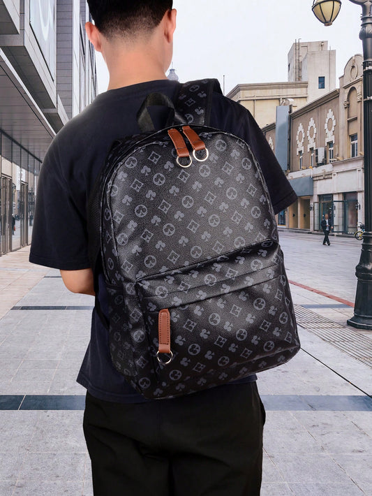 Men's High-End Plum Blossom Print Backpack, Geometric Pattern Retro Floral Design, Waterproof PU Laptop Bag, Large Capacity Travel Backpack For College Students, Business, Daily Use, Gift For Men (Sui