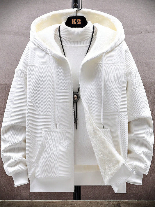 Men's Long Sleeve Casual Loose Fit Thermal Lined Thickened Hooded Jacket, For Fall Winter