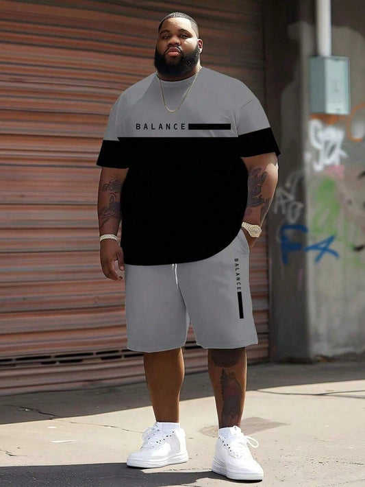 Men's Street Casual Sports Set- Minimalist Contrast Color BALANCE Plaid Pattern Design, Polyester Knit Fabric, Round Neck, Drawstring Shorts, Pockets, Regular Fit, Suitable Plus Size