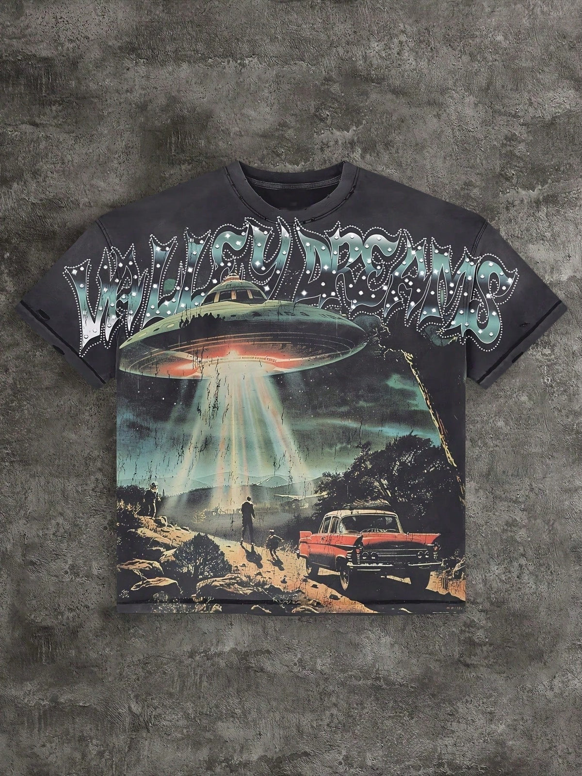 Men's Y2K Gothic Car Print T-Shirt- Loose Fit Street Style Heat Transfer T-Shirt, 100% Cotton Crew Neck Short Sleeve Shirt, Loose Fit Hip Hop Top, Su