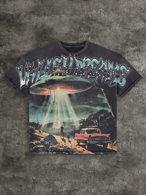 Men's Y2K Gothic Car Print T-Shirt- Loose Fit Street Style Heat Transfer T-Shirt, 100% Cotton Crew Neck Short Sleeve Shirt, Loose Fit Hip Hop Top, Su
