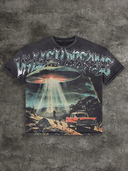 Men's Y2K Gothic Car Print T-Shirt- Loose Fit Street Style Heat Transfer T-Shirt, 100% Cotton Crew Neck Short Sleeve Shirt, Loose Fit Hip Hop Top, Su
