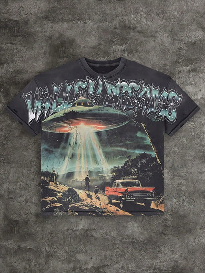 Men's Y2K Gothic Car Print T-Shirt- Loose Fit Street Style Heat Transfer T-Shirt, 100% Cotton Crew Neck Short Sleeve Shirt, Loose Fit Hip Hop Top, Su