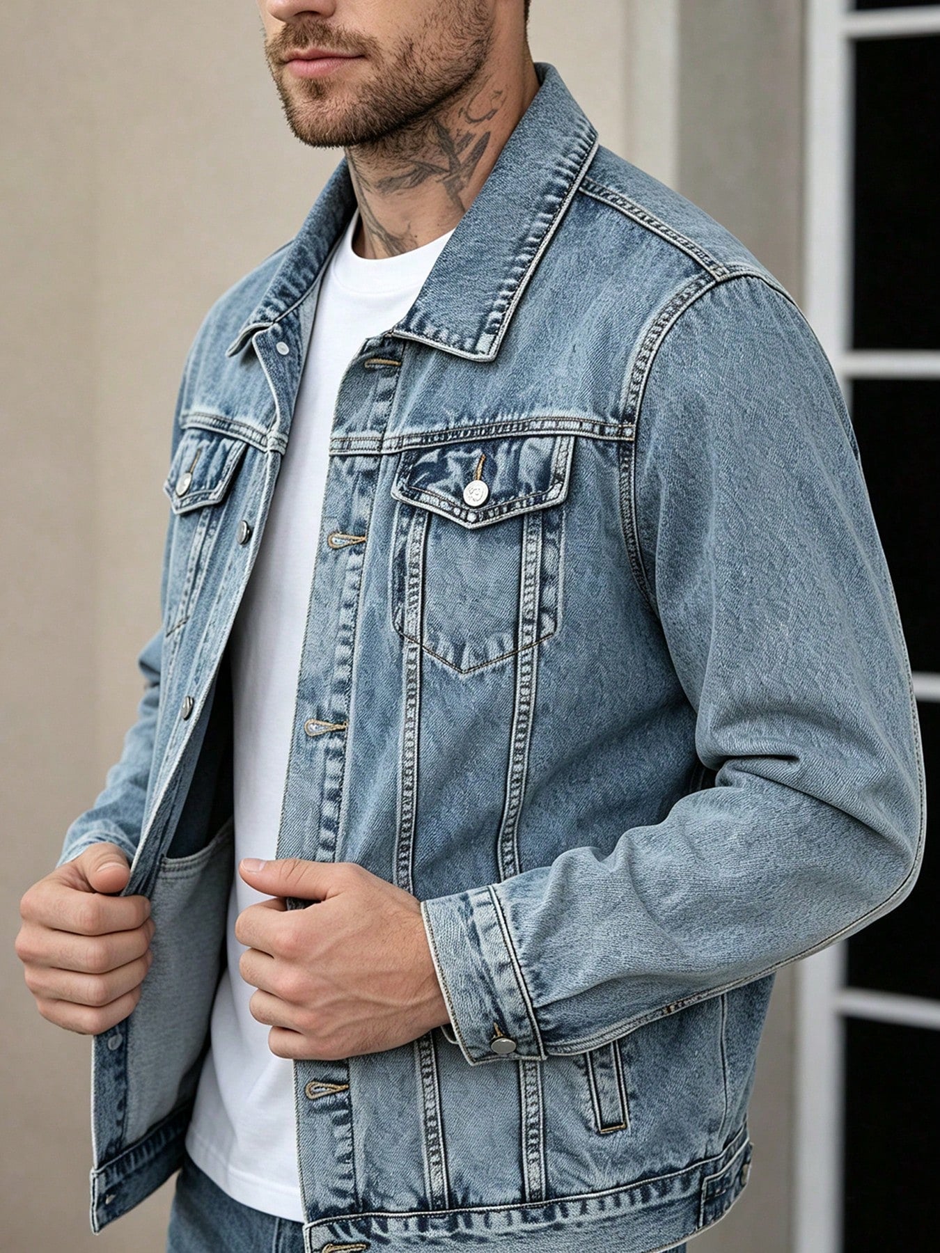 Men Vintage Light Wash Lapel Denim Jacket Button Up Long Sleeve Casual Trucker Jean Coat Double Chest Pockets