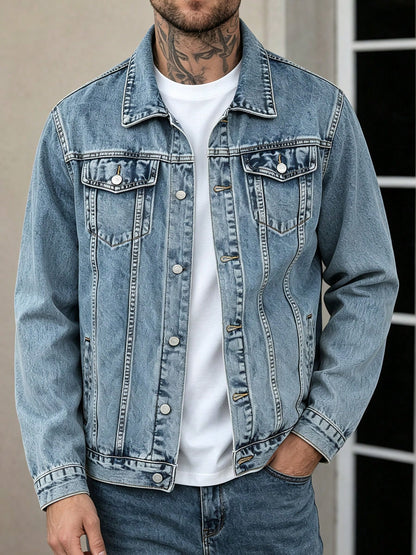 Men Vintage Light Wash Lapel Denim Jacket Button Up Long Sleeve Casual Trucker Jean Coat Double Chest Pockets